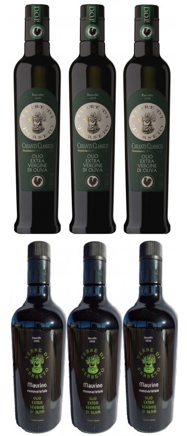 6 bott. EVO OIL (500ML each): 3 EVO oil DOP Chianti Classico + 3 EVO Oil MAURINO Monocultivar